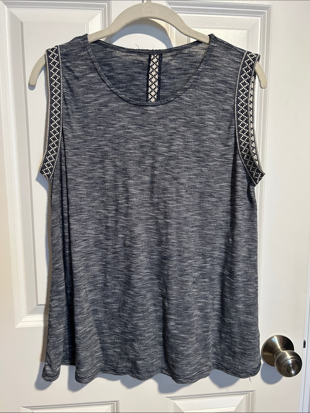 W5 Sleeveless Heathered Navy Women’s Tank with Embroidered Trim